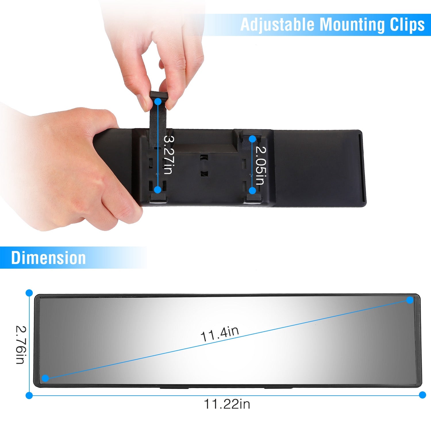 Car Rearview Mirror 11.4" - Panoramic Clip-On - Anti-Glare - Wide Angle Harmalap Trading