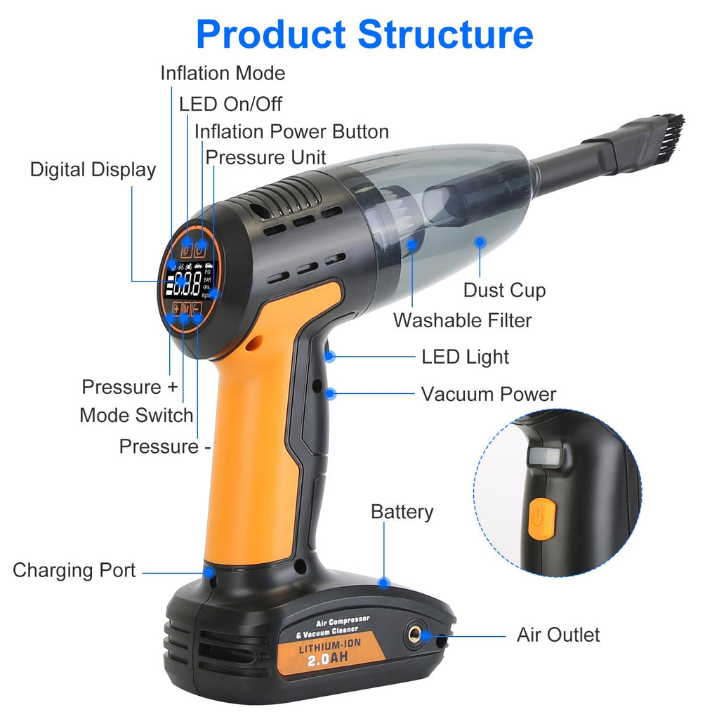 4-in-1 Car Vacuum & Tire Inflator - 150PSI - Cordless - Digital Display Harmalap Trading