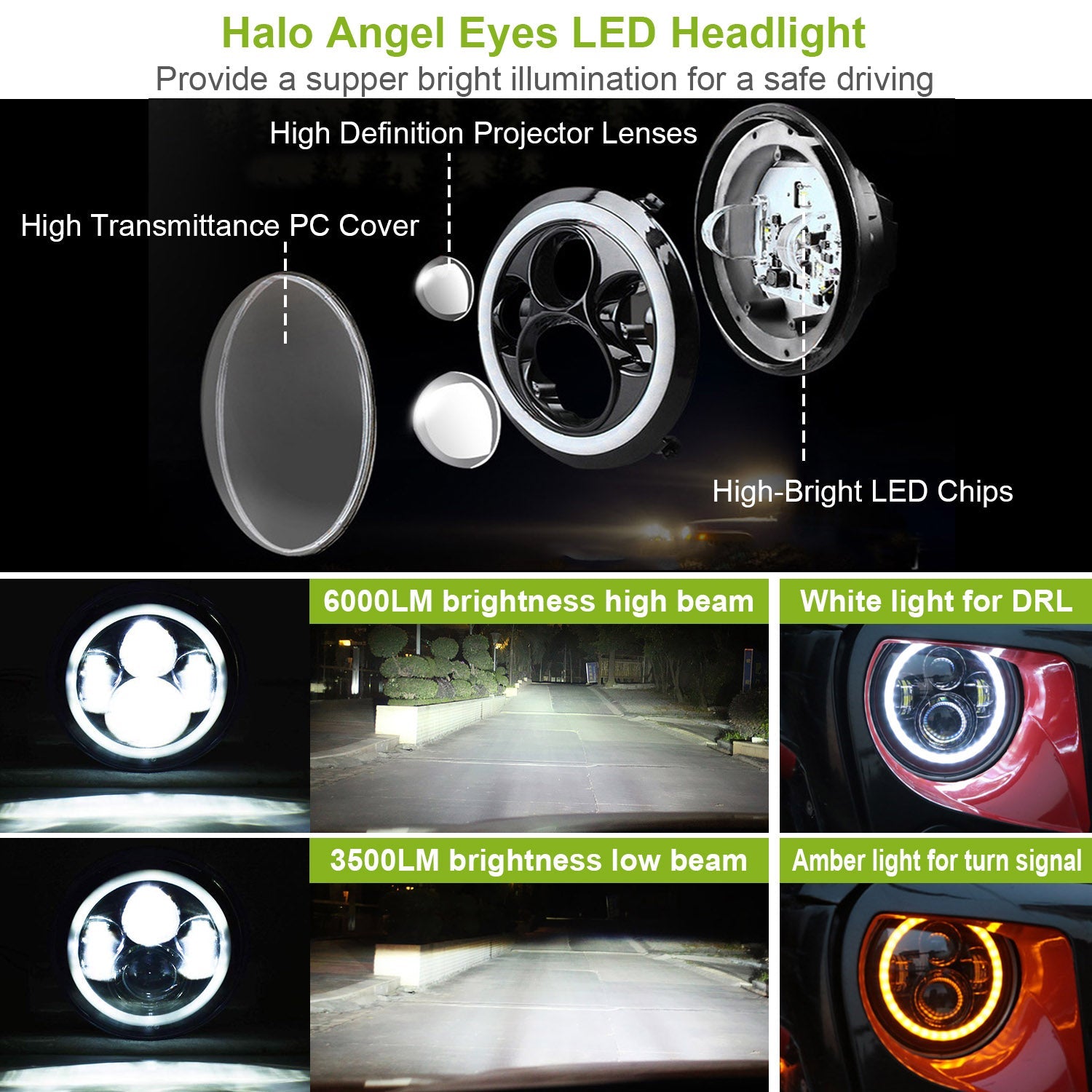 7" Round LED Headlight 6000LM - Halo Angel Eyes - Jeep Wrangler TJ JK CJ Harmalap Trading