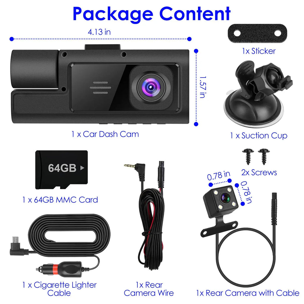 WiFi Dash Cam 1080P - 3 Channel Front Rear Inside Camera - 64GB Included Harmalap Trading