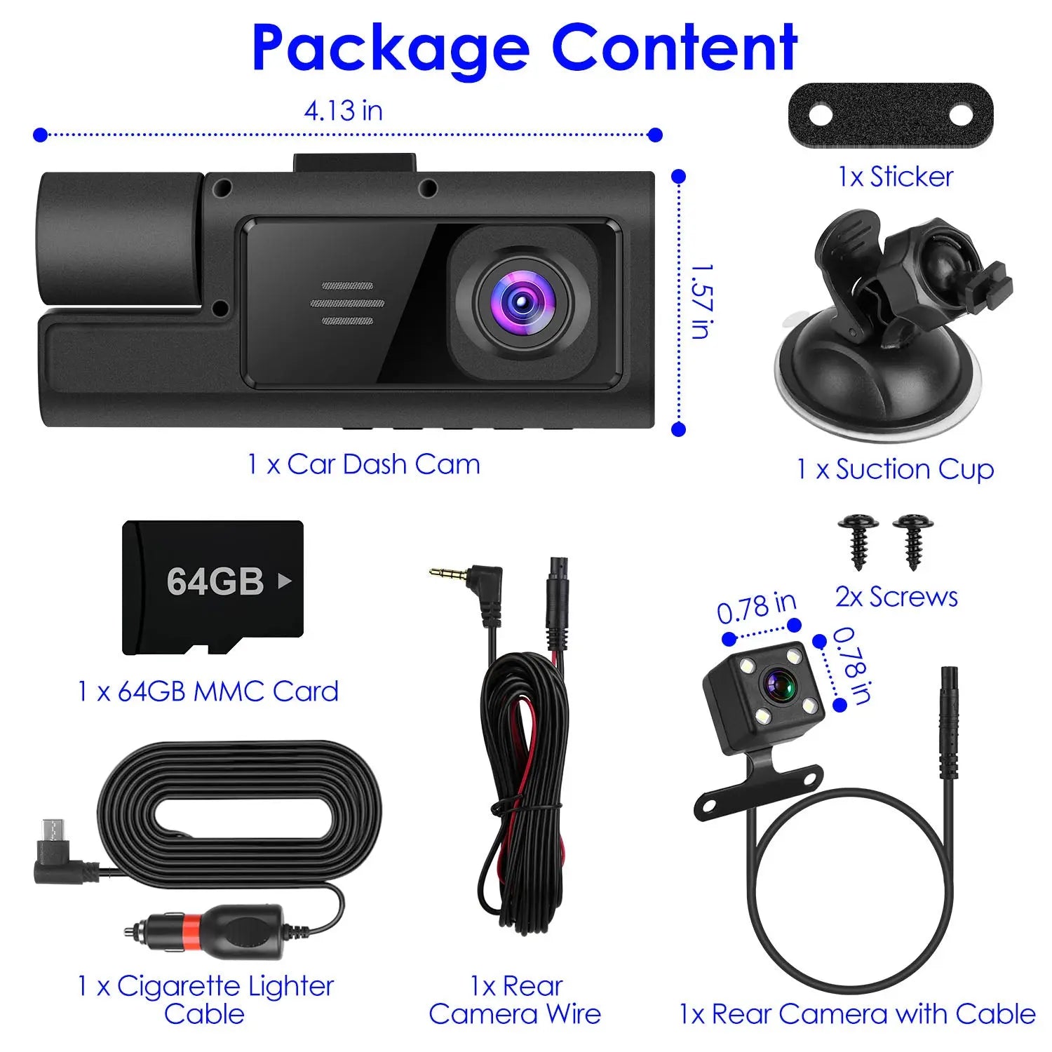 WiFi Dash Cam 1080P - 3 Channel Front Rear Inside Camera - 64GB Included Harmalap Trading