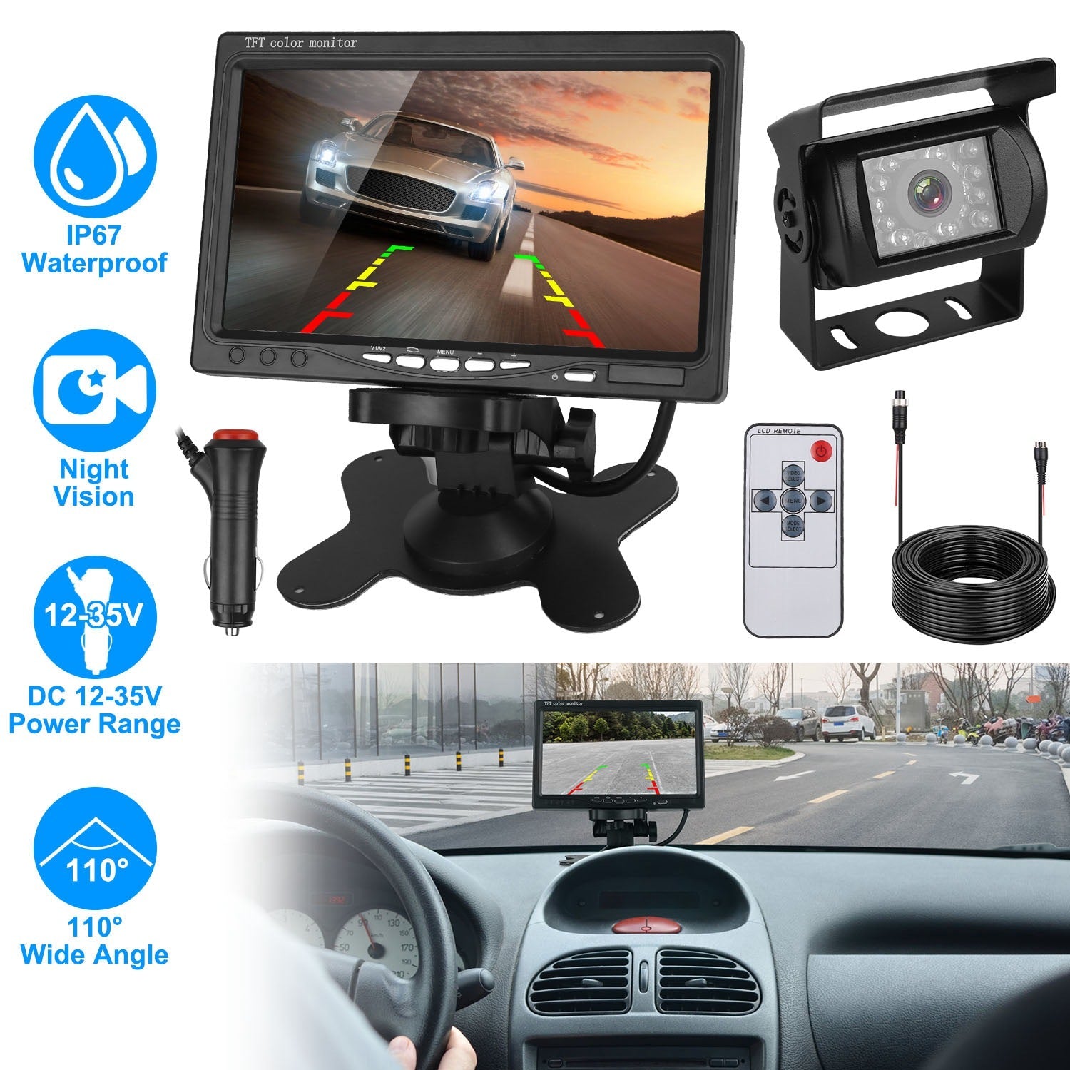 7" Backup Camera System - Rear View Monitor - IP67 Waterproof - Night Vision Harmalap Trading