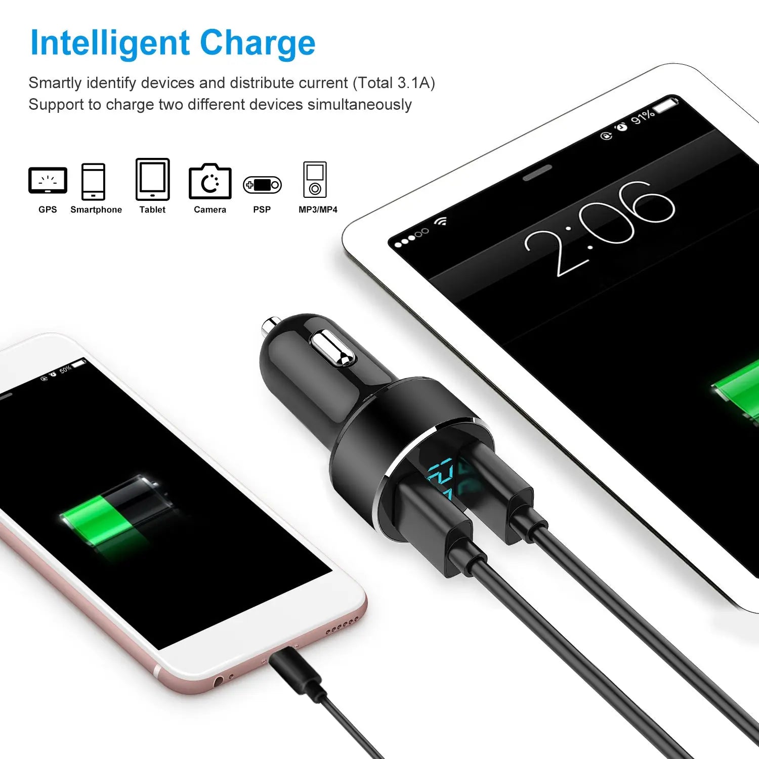 Dual USB Car Charger 15W - Fast Charging - LED Display - Aluminum Alloy Harmalap Trading