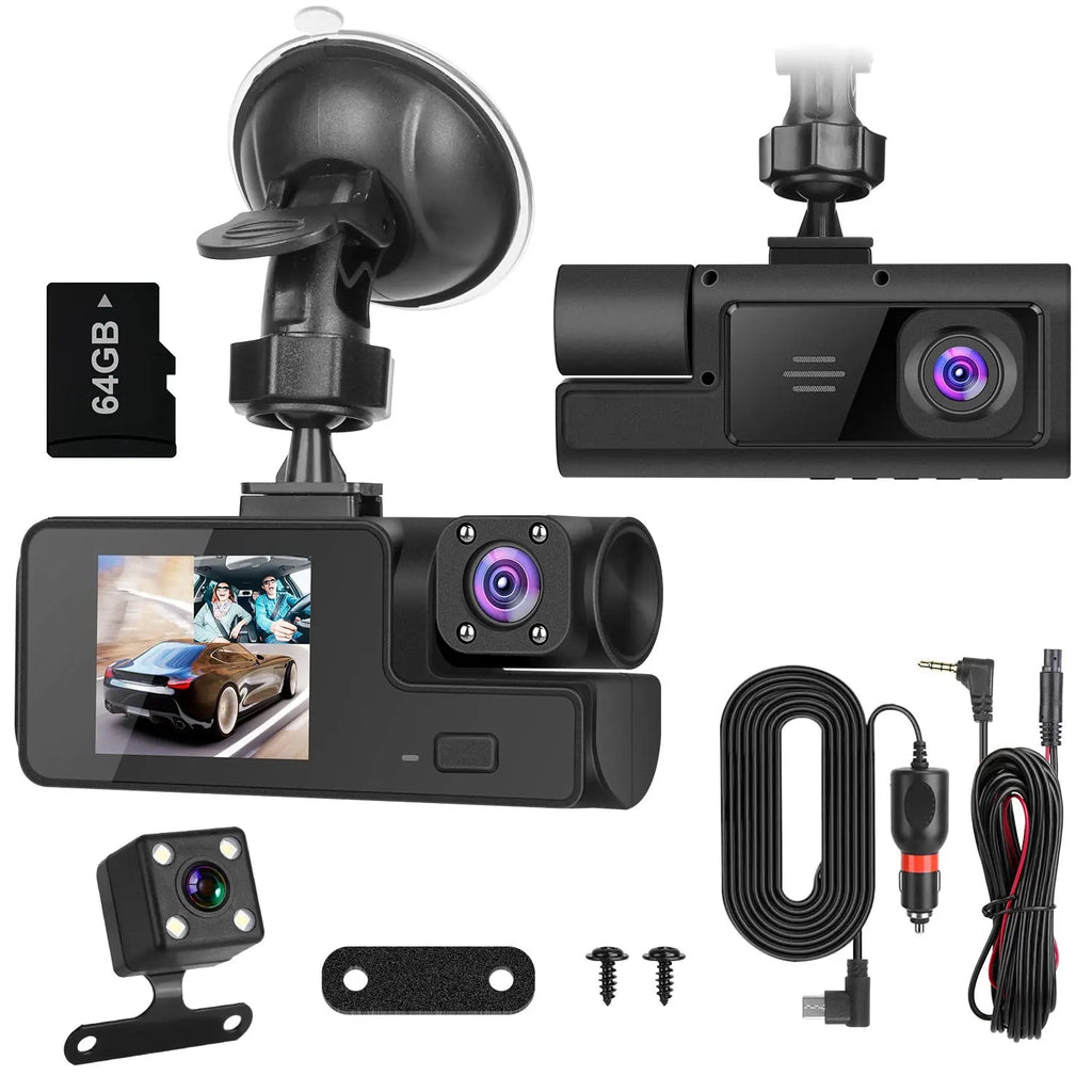 WiFi Dash Cam 1080P - 3 Channel Front Rear Inside Camera - 64GB Included Harmalap Trading