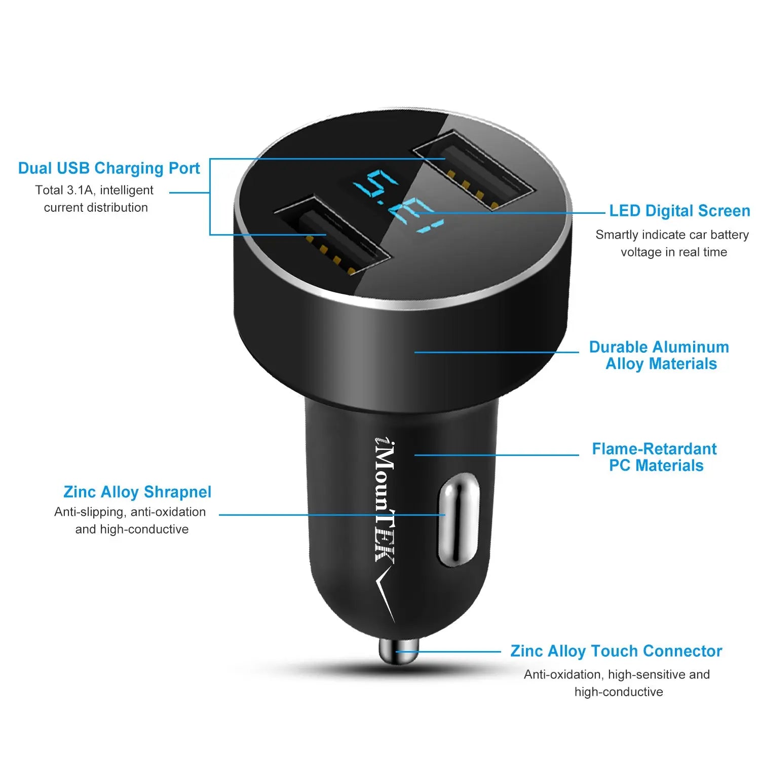 Dual USB Car Charger 15W - Fast Charging - LED Display - Aluminum Alloy Harmalap Trading