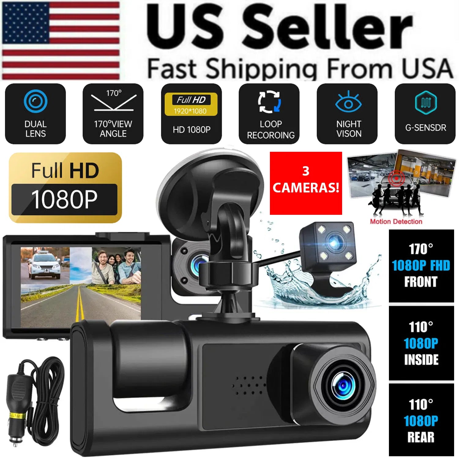 Car Dual Lens Dash Cam HD 1080P - Front Rear Inside - G-Sensor - Night Vision Harmalap Trading