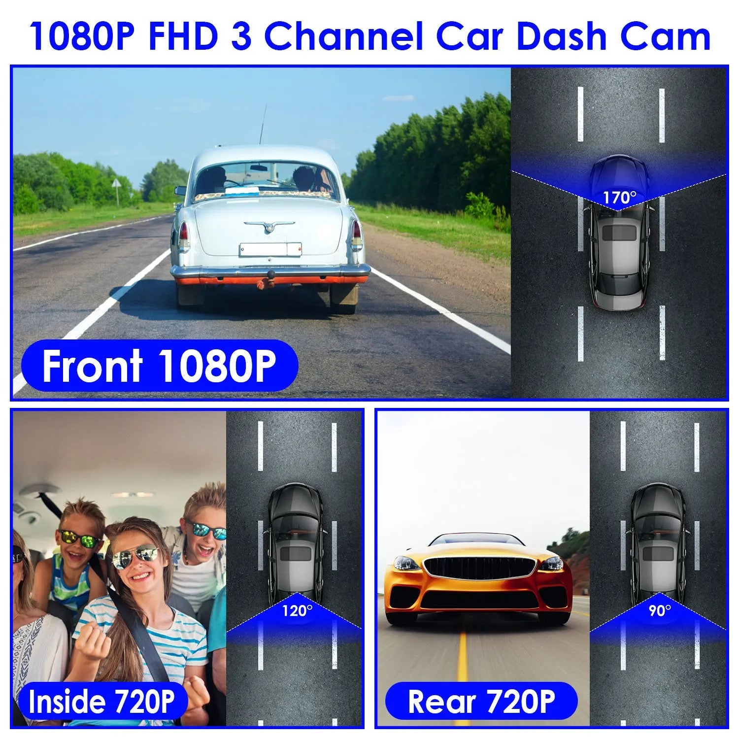 WiFi Dash Cam 1080P - 3 Channel Front Rear Inside Camera - 64GB Included Harmalap Trading