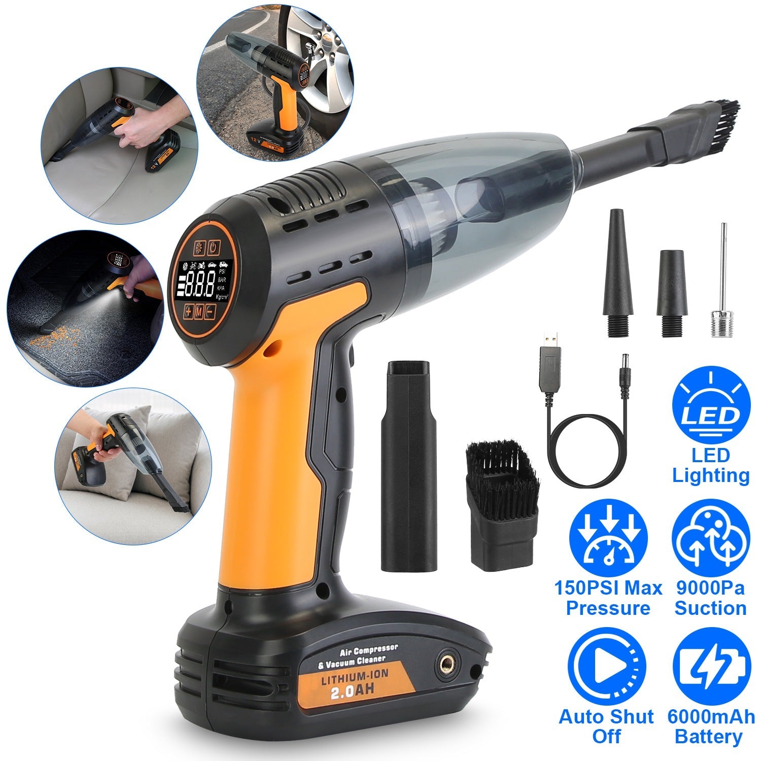 4-in-1 Car Vacuum & Tire Inflator - 150PSI - Cordless - Digital Display Harmalap Trading