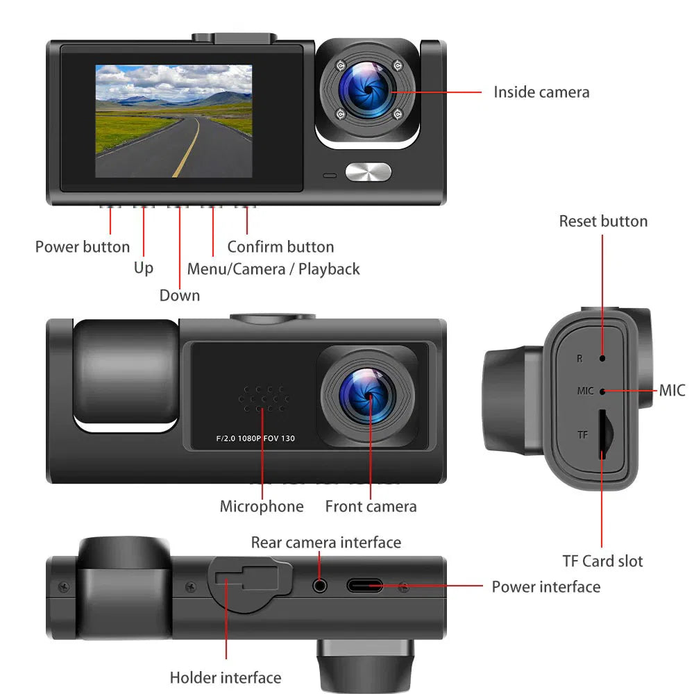 Car Dual Lens Dash Cam HD 1080P - Front Rear Inside - G-Sensor - Night Vision Harmalap Trading