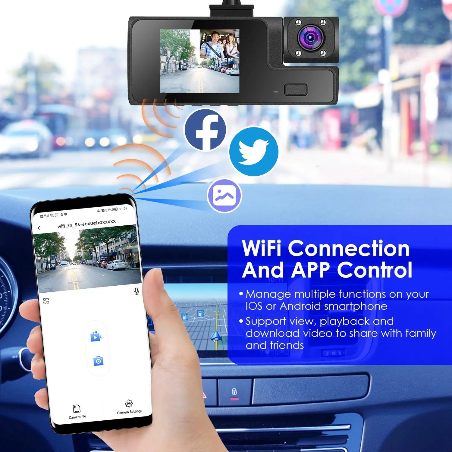 WiFi Dash Cam 1080P - 3 Channel Front Rear Inside Camera - 64GB Included Harmalap Trading