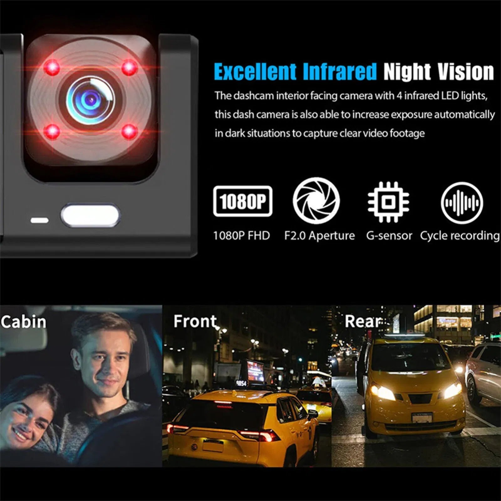 Car Dual Lens Dash Cam HD 1080P - Front Rear Inside - G-Sensor - Night Vision Harmalap Trading