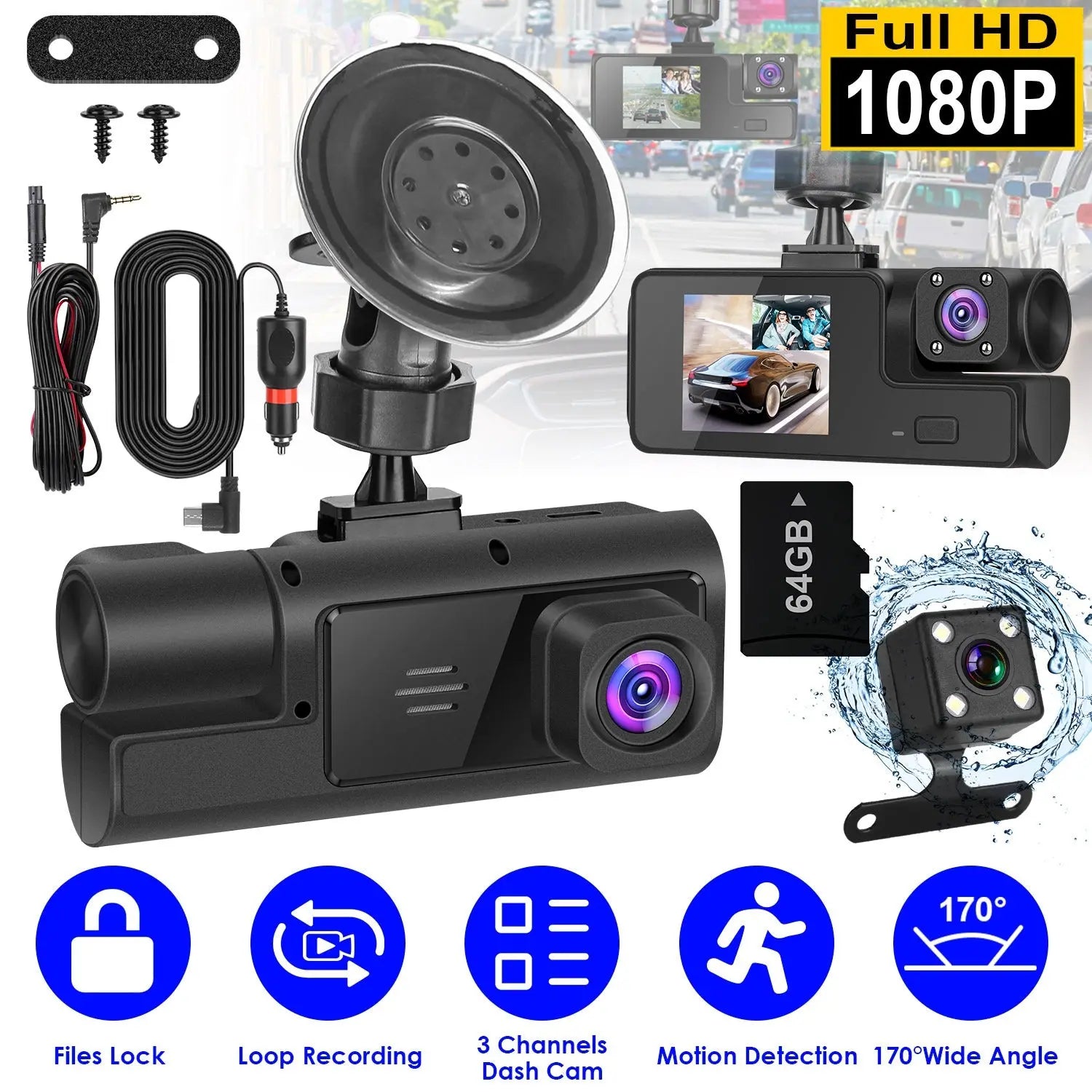 WiFi Dash Cam 1080P - 3 Channel Front Rear Inside Camera - 64GB Included Harmalap Trading