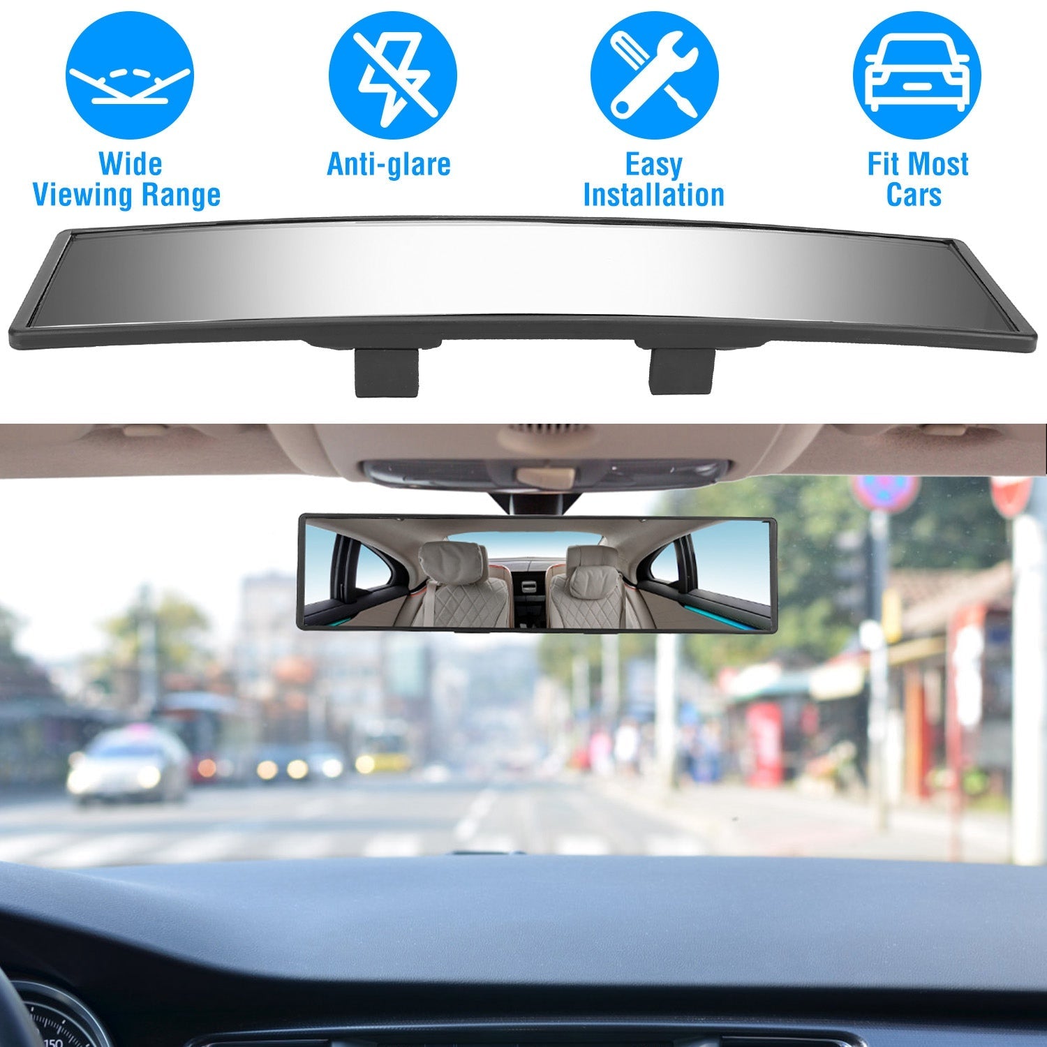Car Rearview Mirror 11.4" - Panoramic Clip-On - Anti-Glare - Wide Angle Harmalap Trading