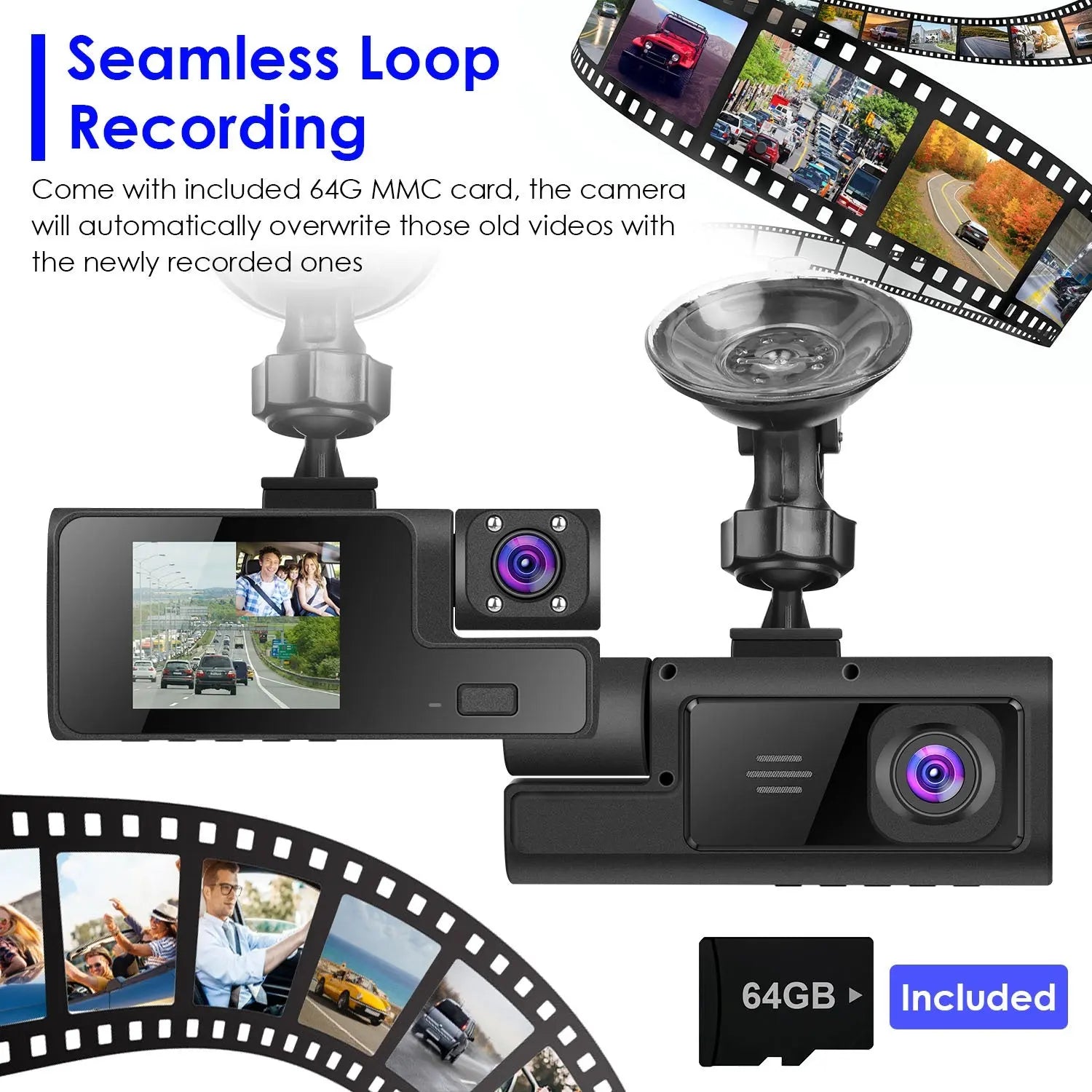 WiFi Dash Cam 1080P - 3 Channel Front Rear Inside Camera - 64GB Included Harmalap Trading