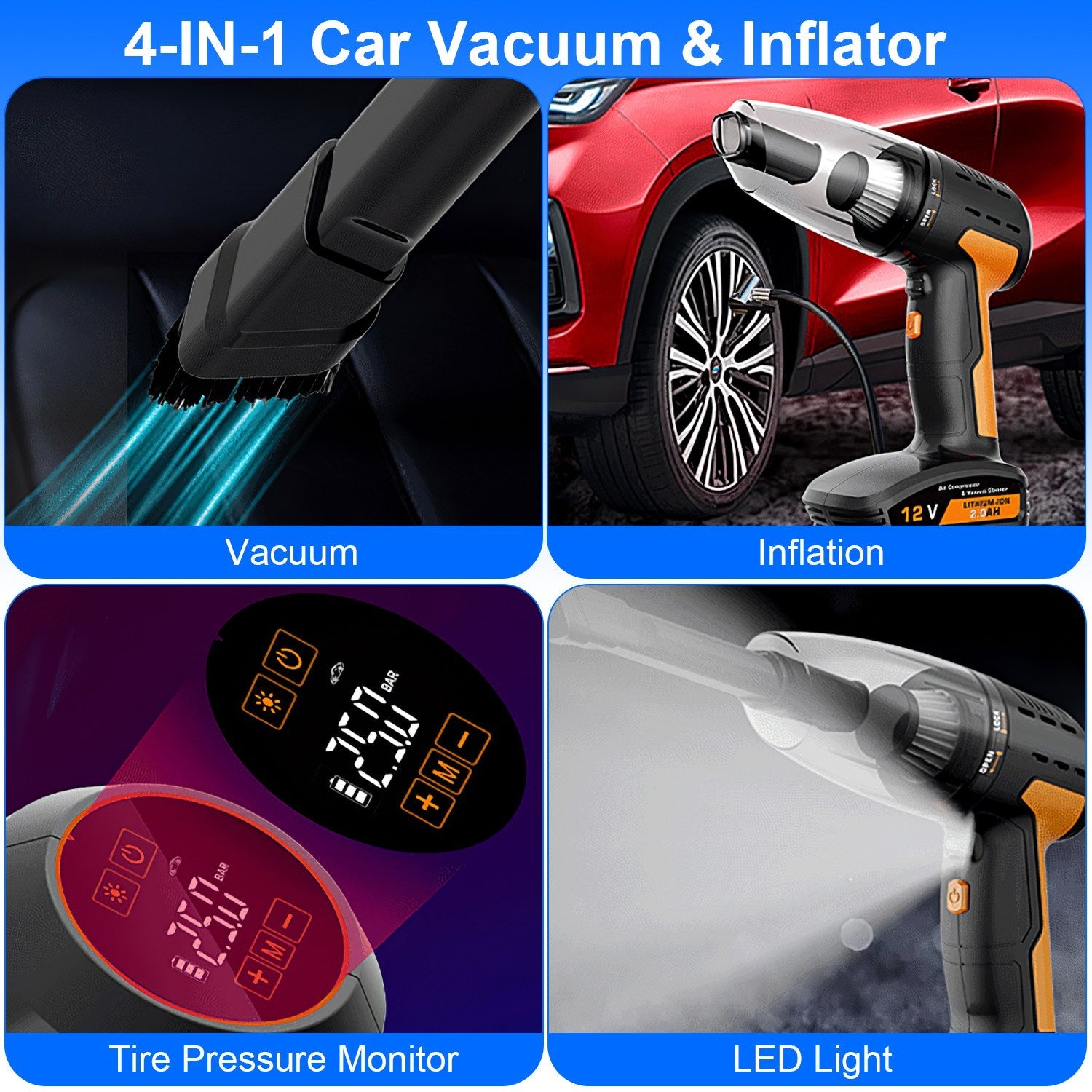 4-in-1 Car Vacuum & Tire Inflator - 150PSI - Cordless - Digital Display Harmalap Trading